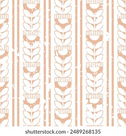 
Vector seamless vertical pattern with plant motifs. Light beige simple stylized flowers and vertical stripes.Texture, specks.