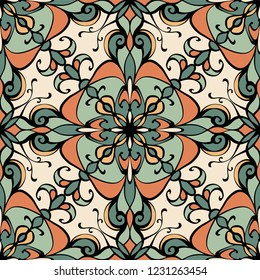 Vector seamless vintage arabic pattern with swirls and oriental ethnic motifs. Abstract ornament in orange green tones. Vintage arabic pattern for wallpaper, fabric, tile, print, wrapping paper