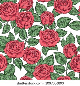 Vector seamless vintage background with hand-drawn roses. Wallpaper, texture, pattern, backdrop.