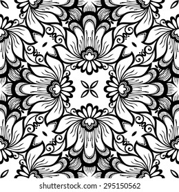 Vector Seamless Vintage Black and White Lace Pattern. Hand Drawn Tile Texture, Ethnic Ornament