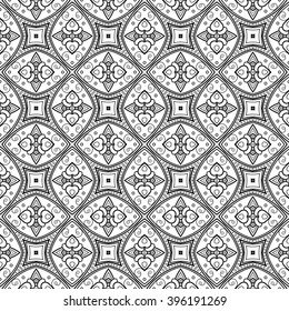 Vector Seamless Vintage Black and White Lace Pattern. Hand Drawn Tile Texture, Ethnic Ornament