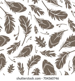 Vector seamless vintage bronze pattern with feather berries and leaves on white background