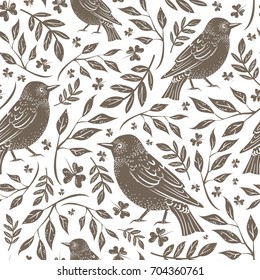 Vector seamless vintage bronze pattern with birds leaves and clover on white background