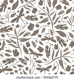 Vector seamless vintage bronze pattern with dragonflies butterflies and leaves on white background