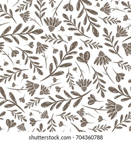 Vector seamless vintage bronze pattern with branches leaves and daisies on white background