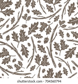 Vector seamless vintage bronze pattern with branches leaves and acorns on white background
