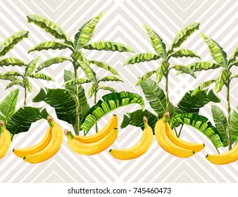 Vector seamless vintage composition with  banana trees,leaves and banana fruit. Botanical classic illustration. Perfect for wallpapers, web page backgrounds, surface textures, textile.