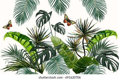 Composición vectorial sin fisuras con hojas exóticas, mariposas. Ilustración botánica clásica. Perfecto para fondos de escritorio, fondos de página web, texturas superficiales, textiles.