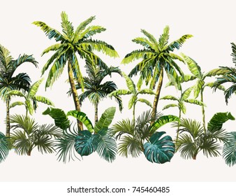 Vector seamless vintage composition with exotic leaves, palm trees. Botanical classic illustration. Perfect for wallpapers, web page backgrounds, surface textures, textile.