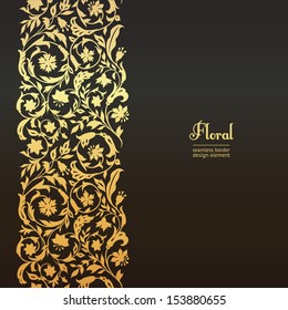 Vector seamless vintage design element. Floral border with stylized wildflowers. In the style of the 19th century. Luxury, black with gold flowers