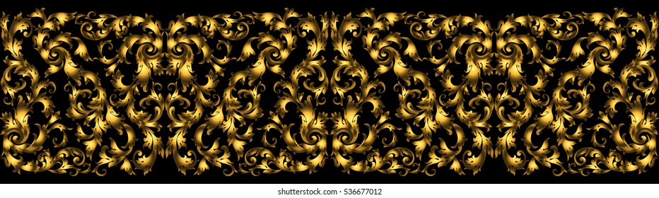 Vector seamless vintage design element. Floral border with stylized baroque scrolls. Golden rich moulding in style of the 19th century. Luxury, black with gold leaves.