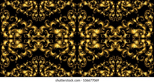 Vector seamless vintage design element. Floral border with stylized baroque scrolls. Golden rich moulding in style of the 19th century. Luxury, black with gold leaves.