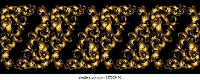 Vector seamless vintage design element. Floral border with stylized baroque scrolls. Golden rich moulding in style of the 19th century. Luxury, black with gold leaves.