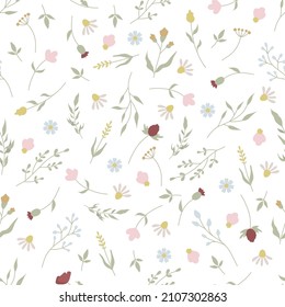 Vector Seamless Vintage Easter Pattern. Delicate Cute Print With Field Herbs And Flowers. Easter Decor.