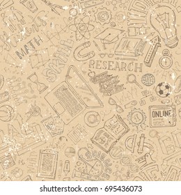 Vector seamless vintage education pattern. Dna, molecules, test-tubes, microscope, stationery. Science, math, laboratory, chemistry, research symbols and elements. Old paper boundless background.
