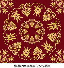 Vector seamless vintage elegant lace gold Greek ornament and floral pattern on a red background