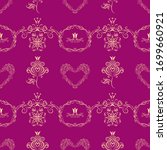 Vector seamless vintage elegant royal romantic pattern - beautiful intricate golden patterns, stylized flowers, crowns, hearts, frames on a red-purple background for wallpaper, textile, wrapping paper