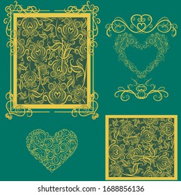 Vector elegante patrón real vintage impecable - hermosos patrones dorados intrincados, flores estilizadas en marcos rectangulares en un patrón de tablero de ajedrez, corazones dorados en un fondo verde oscuro