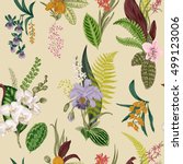 Vector seamless vintage floral pattern. Exotic orchid and leaf. Botanical classic illustration. Colorful