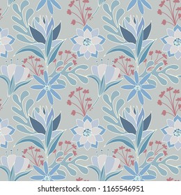 Vector seamless vintage floral pattern in pastel blue colors.