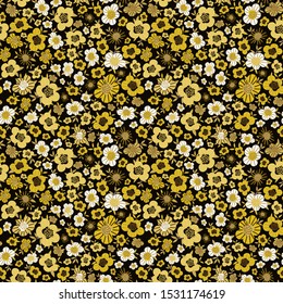 Vector seamless vintage floral pattern. Abstract little cute flowers and leaves on dark (black) background. Flowery Print in Liberty style. Botanical texture in gold and white. Folk onament.