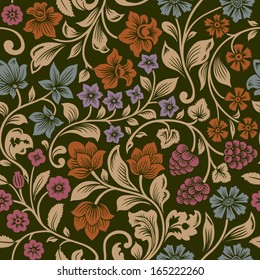 Vector seamless vintage floral pattern. Stylized silhouettes of flowers and berries on a black background. Orange, pink, brown, purple flowers with gold leaves. Persia.