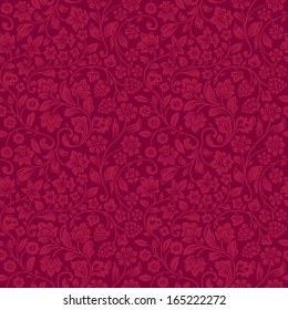 Vector seamless vintage floral pattern. Stylized silhouettes of flowers and berries on a claret background. Red flowers. 