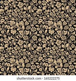 Vector seamless vintage floral pattern. Stylized silhouettes of flowers and berries on a gray background. Beige flowers. 