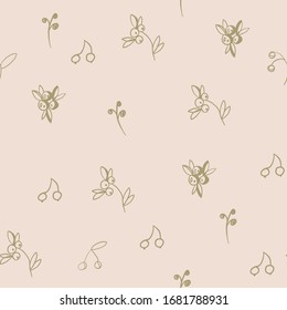 Vector seamless vintage floral pattern. Stylized silhouettes of gold berries on a beige background. Gold berries.