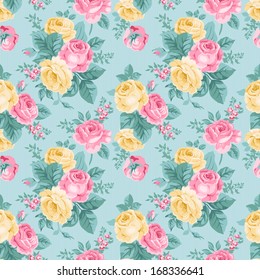 Vector seamless vintage floral pattern. Bouquets of pink and yellow roses with emerald mint leaves on a striped background. Victorian style.