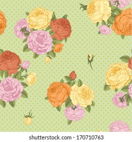 Vector seamless vintage floral pattern. Bouquets of pink, yellow, red roses on a light green background with dots.