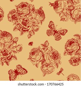 Vector seamless vintage floral pattern. Bouquets of pink, yellow, white, coral roses on beige background with polka dots.