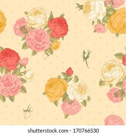 Vector seamless vintage floral pattern. Bouquets of pink, yellow, white, coral roses on beige background with polka dots.