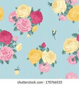 Vector seamless vintage floral pattern. Bouquets of pink, yellow roses on a mint background with stripe.