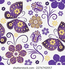 Vector seamless vintage floral pattern with butterflies and flowers on white