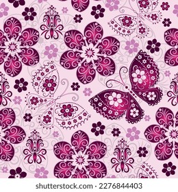 Vector seamless vintage floral pattern with butterflies and flowers on gentle pink