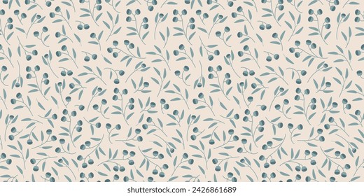  Vector seamless vintage floral pattern with blueberry. Spring botanical print. Abstract branches with leaves, and berries. Light beige background. Scandy pattern for textile and fashion design.