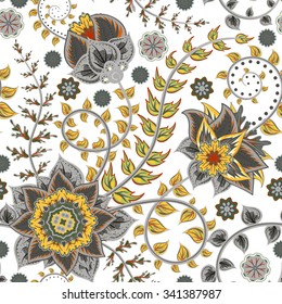 Vector seamless vintage floral pattern. Stylized silhouettes of flowers and leave on a white background. Fantasy grey and yello flowers. Persia backdrop.