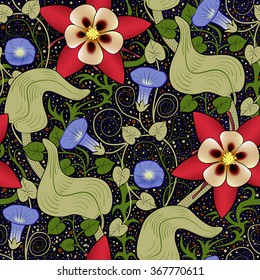 Vector seamless vintage floral pattern. Flowers bindweed and epimedium on a black background