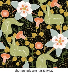 Vector seamless vintage floral pattern. Flowers on a black background