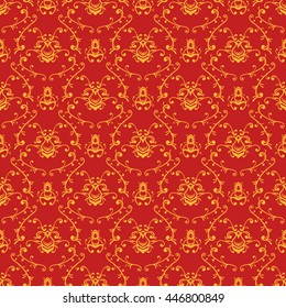 Vector seamless vintage floral pattern. Stylized silhouettes of flowers and berries on a beige background.  Ornament of flowers. Damask pattern. Seamless background.
