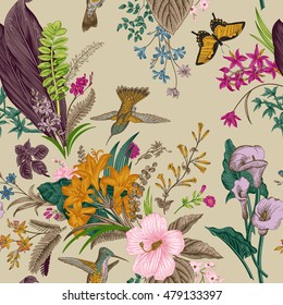 Vector seamless vintage floral pattern. Exotic flowers and birds. Botanical classic illustration. Colorful