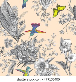 Vector seamless vintage floral pattern. Exotic flowers and birds. Botanical classic illustration. Colorful