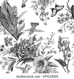 ベクター画像のシームレスなビンテージ花柄 エキゾチックな花と鳥 ボタニカルクラシックイラスト 白黒 のベクター画像素材 ロイヤリティフリー Shutterstock
