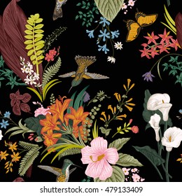 Vector seamless vintage floral pattern. Exotic flowers and birds. Botanical classic illustration. Colorful