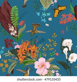 Vector seamless vintage floral pattern. Exotic flowers and birds. Botanical classic illustration. Colorful