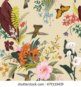 Vector Seamless Vintage Floral Pattern. Exotic Flowers And Birds. Botanical Classic Illustration. Colorful