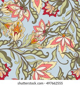 Vector seamless vintage floral pattern. Stylized silhouettes of flowers and berries on a blue background.  Medieval, in rococo style, victorian style.