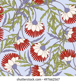 Vector seamless vintage floral pattern. Stylized silhouettes of flowers and berries on a blue background.  Medieval, in rococo style, victorian style.