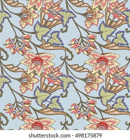 Vector seamless vintage floral pattern. Stylized silhouettes of flowers and berries on a blue background. Medieval, in rococo style, victorian style.